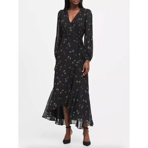 Banana Republic Long Sleeve V-neck Wrap Dress Black Floral Wedding Guest Size 4